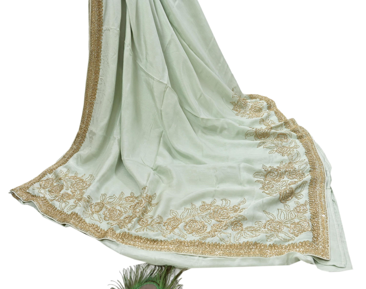 Rare Vintage Olive Green Blend Silk Saree Hand Embroidered Fabric 5.5 Yard Sari Bollywood Party Wear Ethnic Designer Saree