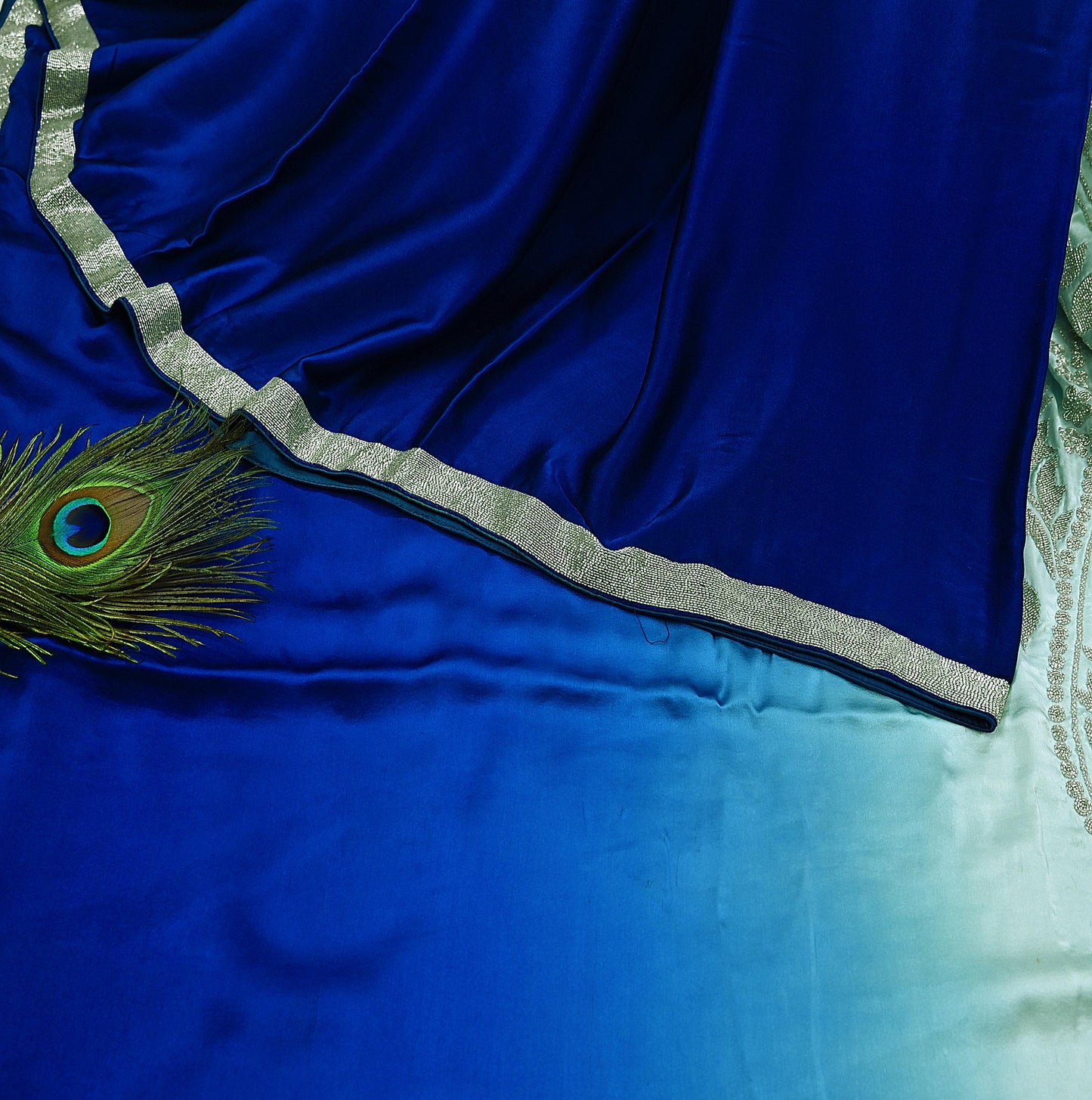 Rare Vintage Green & Blue Pure Satin Silk Saree Hand Embroidered Fabric 5.5 Yard Sari Bollywood Party Wear Designer Saree with blouse fabric