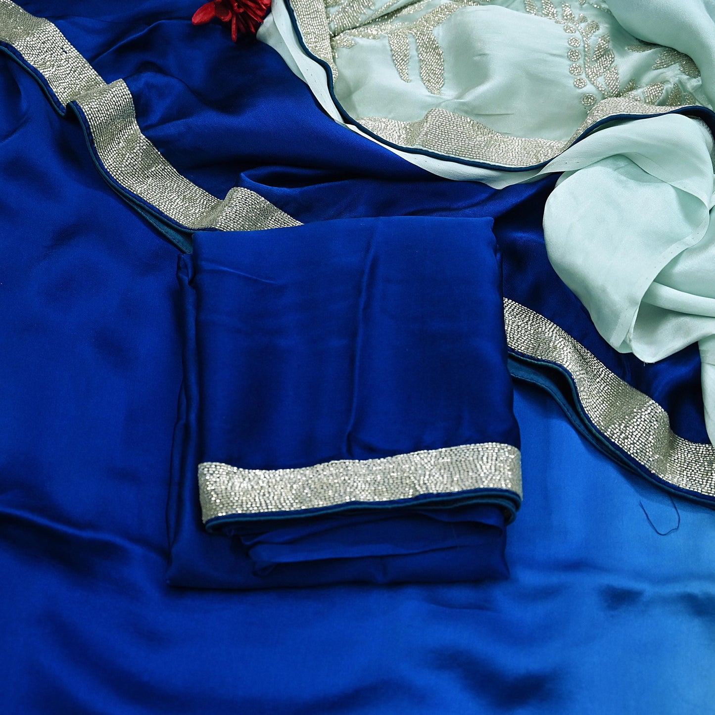 Rare Vintage Green & Blue Pure Satin Silk Saree Hand Embroidered Fabric 5.5 Yard Sari Bollywood Party Wear Designer Saree with blouse fabric
