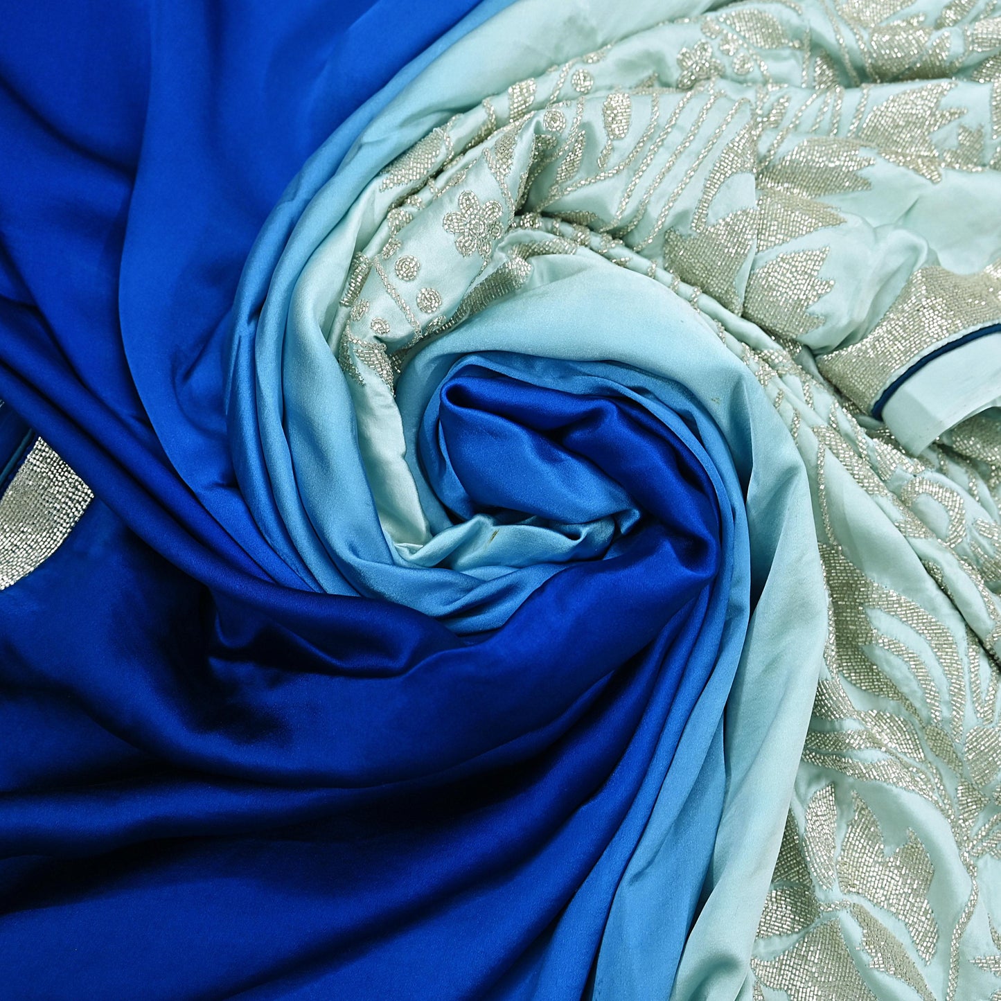 Rare Vintage Green & Blue Pure Satin Silk Saree Hand Embroidered Fabric 5.5 Yard Sari Bollywood Party Wear Designer Saree with blouse fabric