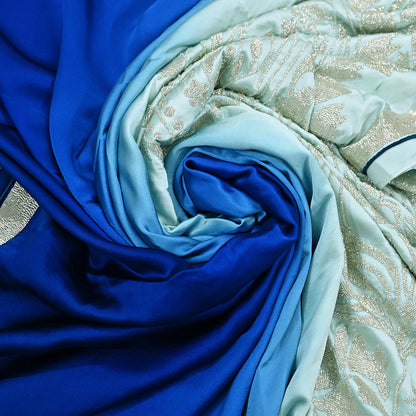 Rare Vintage Green & Blue Pure Satin Silk Saree Hand Embroidered Fabric 5.5 Yard Sari Bollywood Party Wear Designer Saree with blouse fabric