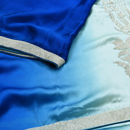 Rare Vintage Green & Blue Pure Satin Silk Saree Hand Embroidered Fabric 5.5 Yard Sari Bollywood Party Wear Designer Saree with blouse fabric