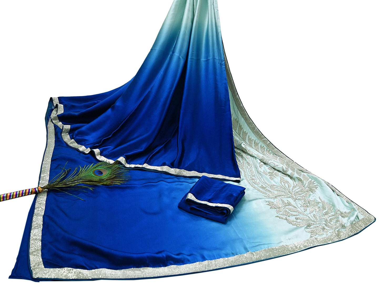 Rare Vintage Green & Blue Pure Satin Silk Saree Hand Embroidered Fabric 5.5 Yard Sari Bollywood Party Wear Designer Saree with blouse fabric