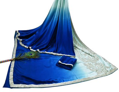 Rare Vintage Green & Blue Pure Satin Silk Saree Hand Embroidered Fabric 5.5 Yard Sari Bollywood Party Wear Designer Saree with blouse fabric