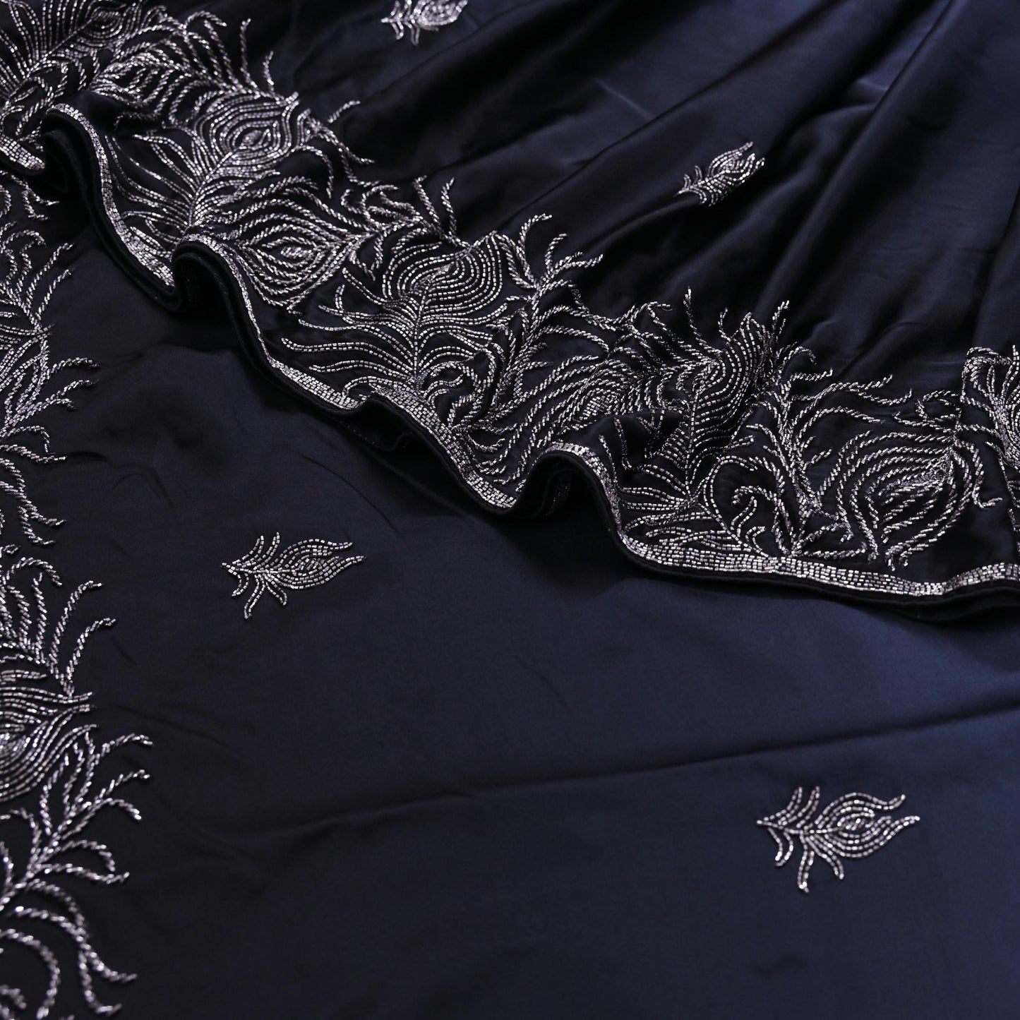 Rare Vintage Black & Ivory Pure Satin Silk Saree Hand Embroidered Fabric 5.5 Yards Sari Bollywood Party Wear Ethnic Designer Saree