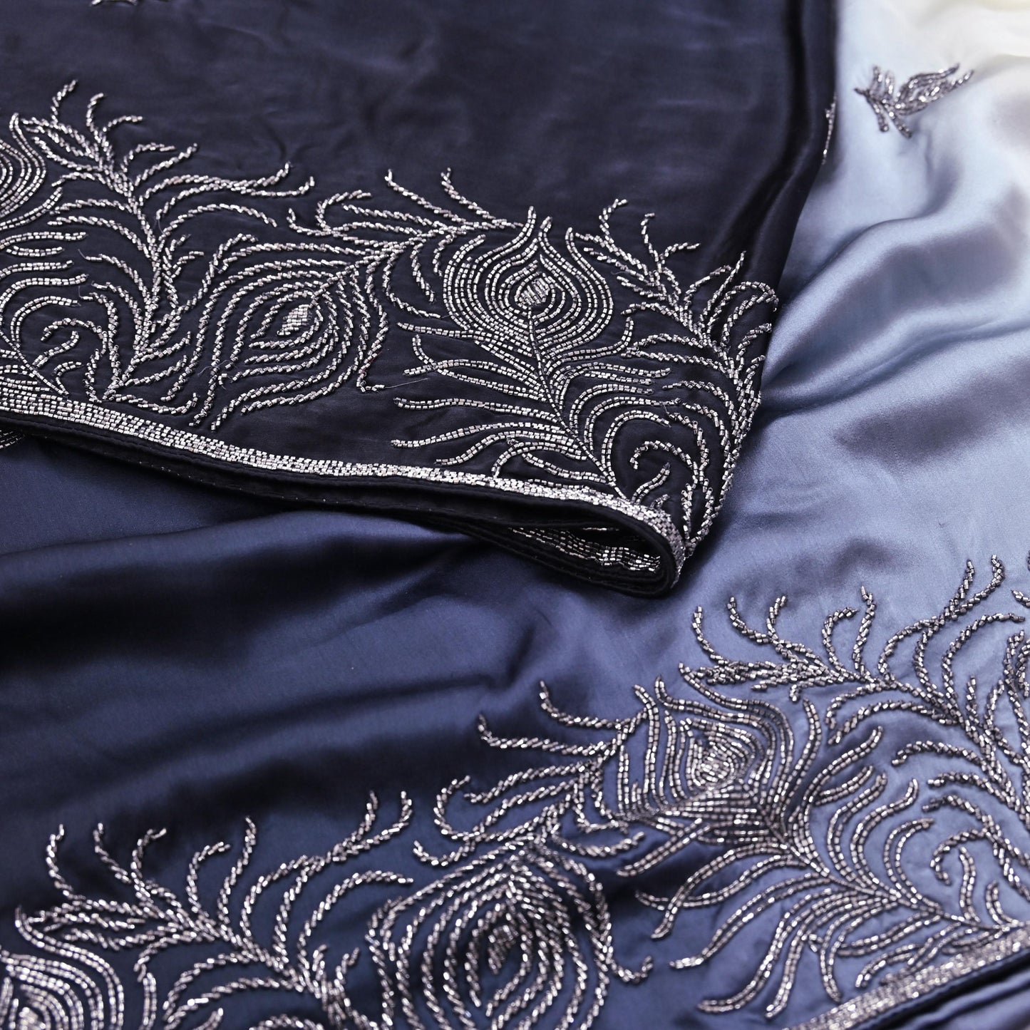 Rare Vintage Black & Ivory Pure Satin Silk Saree Hand Embroidered Fabric 5.5 Yards Sari Bollywood Party Wear Ethnic Designer Saree