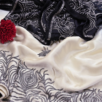 Rare Vintage Black & Ivory Pure Satin Silk Saree Hand Embroidered Fabric 5.5 Yards Sari Bollywood Party Wear Ethnic Designer Saree