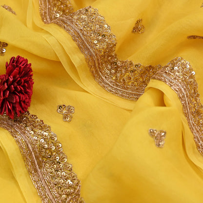 Rare Vintage Yellow Pure Organza Silk Saree Zardozi Hand Embroidered Designer Sabyasachi Sari 5.5 Yard Bollywood Party Wear