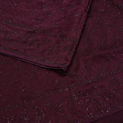 Rare Vintage Wine Pure Satin Silk Saree Hand Embroidered Fabric 5.5 Yards Sari Bollywood Party Wear Ethnic Designer Saree