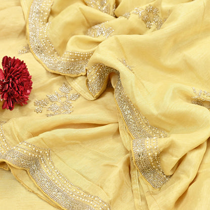 Rare Vintage Yellow Blend Silk Saree Hand Embroidered Fabric 5.5 Yard Sari Bollywood Party Wear Ethnic Designer Saree