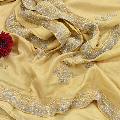 Rare Vintage Yellow Blend Silk Saree Hand Embroidered Fabric 5.5 Yard Sari Bollywood Party Wear Ethnic Designer Saree