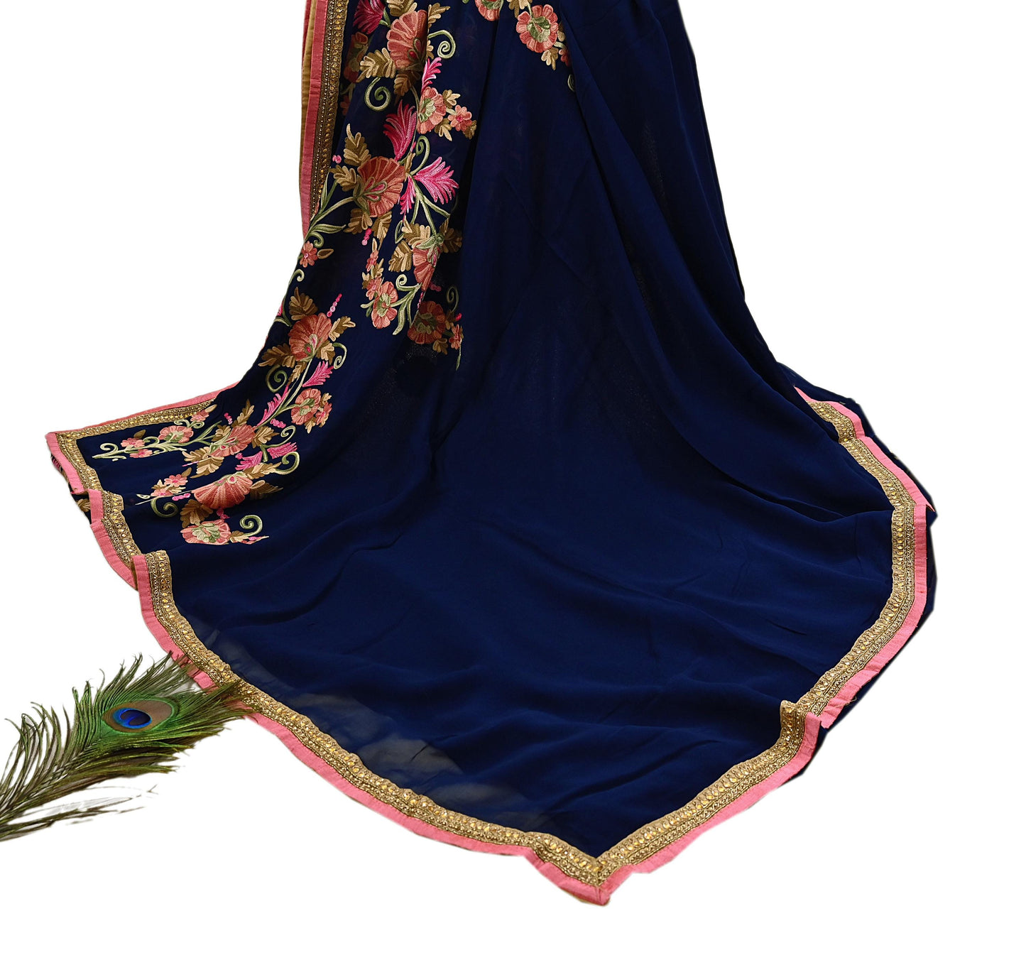 Rare Vintage Blue Georgette Silk Saree Zardozi Hand Embroidered Designer Sabyasachi Sari 5.5 Yard Bollywood Party Wear