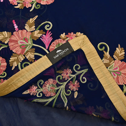 Rare Vintage Blue Georgette Silk Saree Zardozi Hand Embroidered Designer Sabyasachi Sari 5.5 Yard Bollywood Party Wear