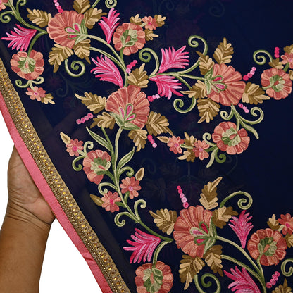 Rare Vintage Blue Georgette Silk Saree Zardozi Hand Embroidered Designer Sabyasachi Sari 5.5 Yard Bollywood Party Wear
