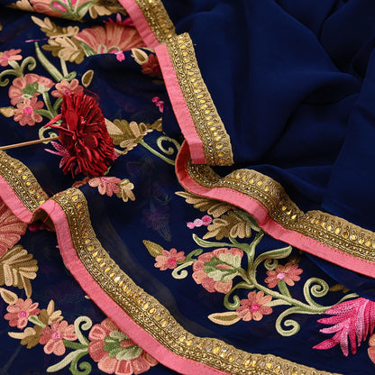Rare Vintage Blue Georgette Silk Saree Zardozi Hand Embroidered Designer Sabyasachi Sari 5.5 Yard Bollywood Party Wear