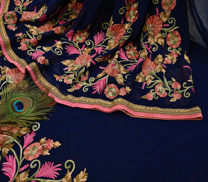 Rare Vintage Blue Georgette Silk Saree Zardozi Hand Embroidered Designer Sabyasachi Sari 5.5 Yard Bollywood Party Wear