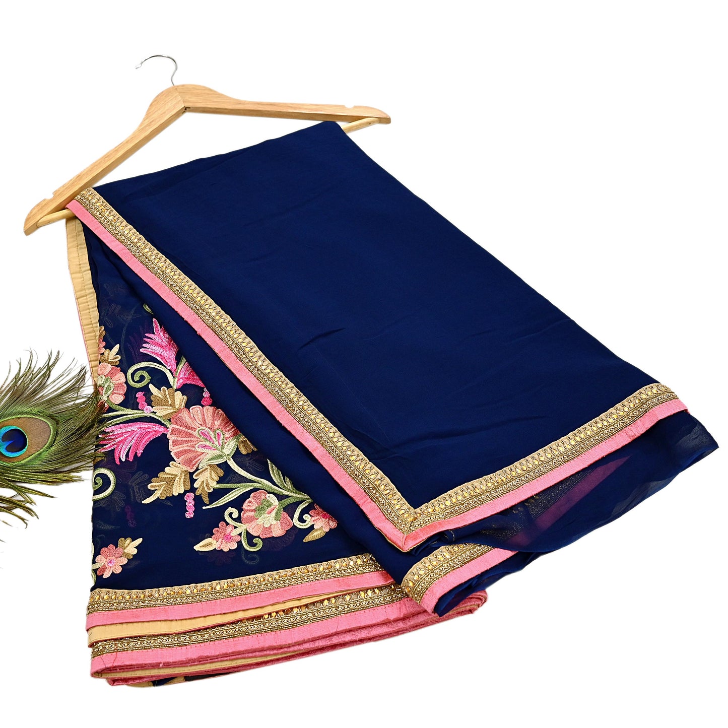 Rare Vintage Blue Georgette Silk Saree Zardozi Hand Embroidered Designer Sabyasachi Sari 5.5 Yard Bollywood Party Wear
