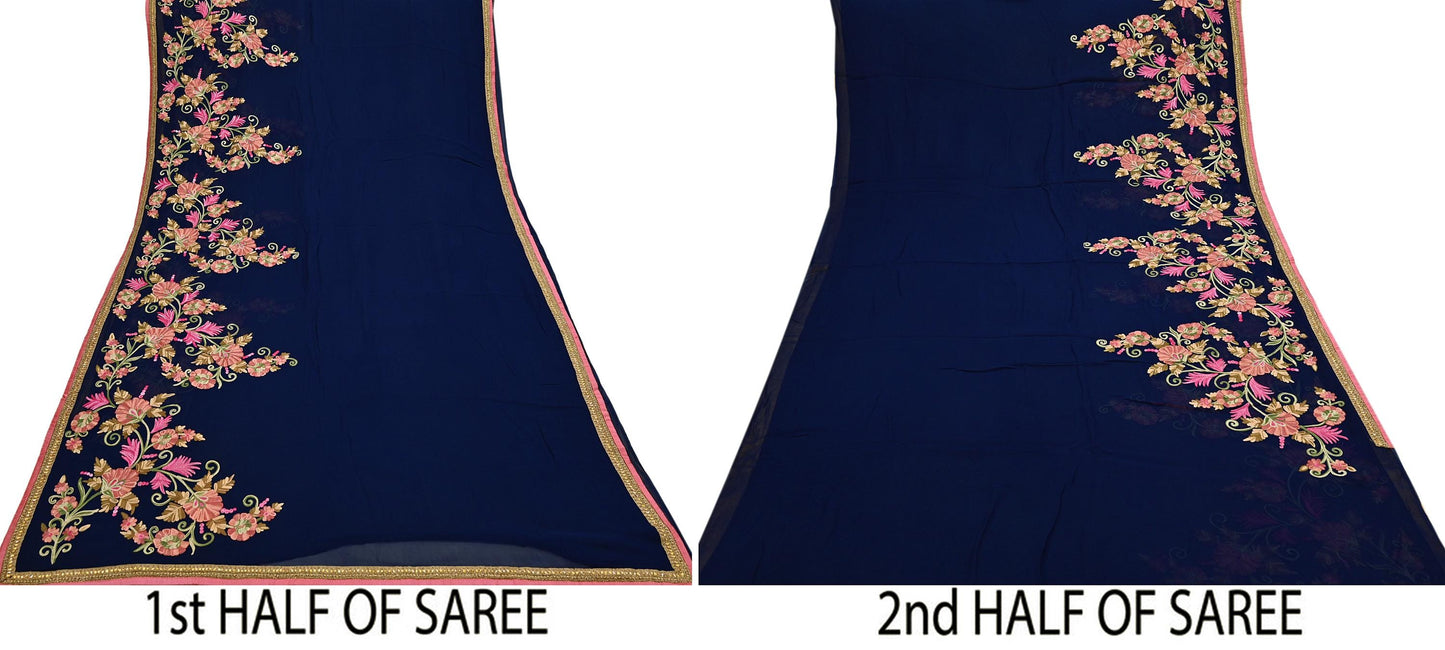 Rare Vintage Blue Georgette Silk Saree Zardozi Hand Embroidered Designer Sabyasachi Sari 5.5 Yard Bollywood Party Wear