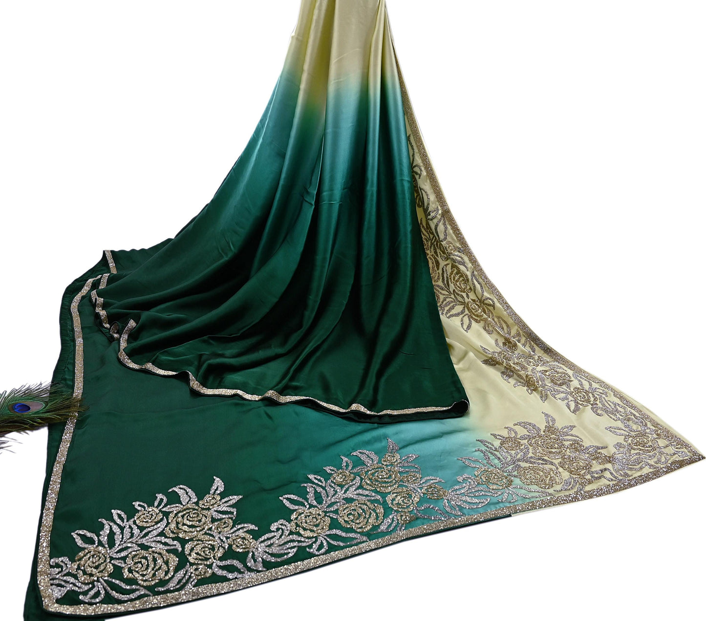 Rare Vintage Yellow & Green Pure Satin Silk Saree Hand Embroidered Fabric 6 Yards Sari Bollywood Party Wear Ethnic Designer Saree