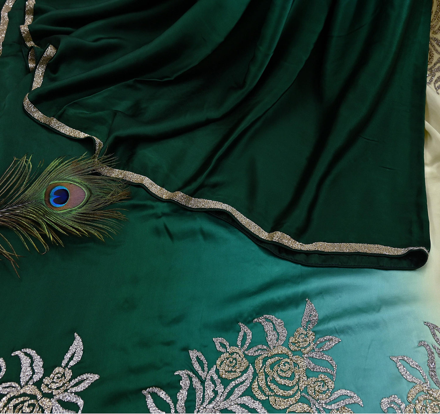 Rare Vintage Yellow & Green Pure Satin Silk Saree Hand Embroidered Fabric 6 Yards Sari Bollywood Party Wear Ethnic Designer Saree