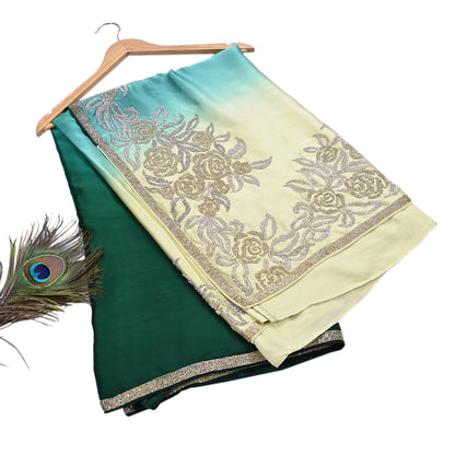 Rare Vintage Yellow & Green Pure Satin Silk Saree Hand Embroidered Fabric 6 Yards Sari Bollywood Party Wear Ethnic Designer Saree