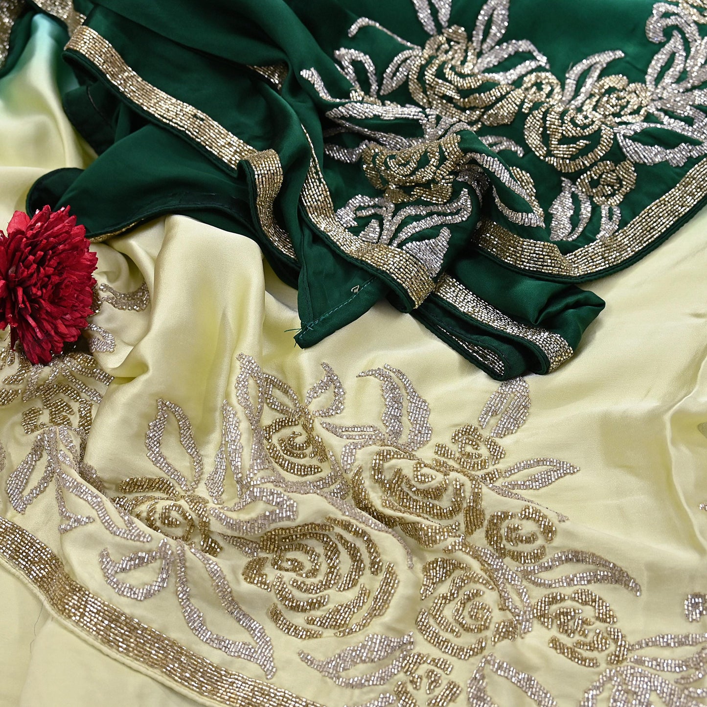 Rare Vintage Yellow & Green Pure Satin Silk Saree Hand Embroidered Fabric 6 Yards Sari Bollywood Party Wear Ethnic Designer Saree