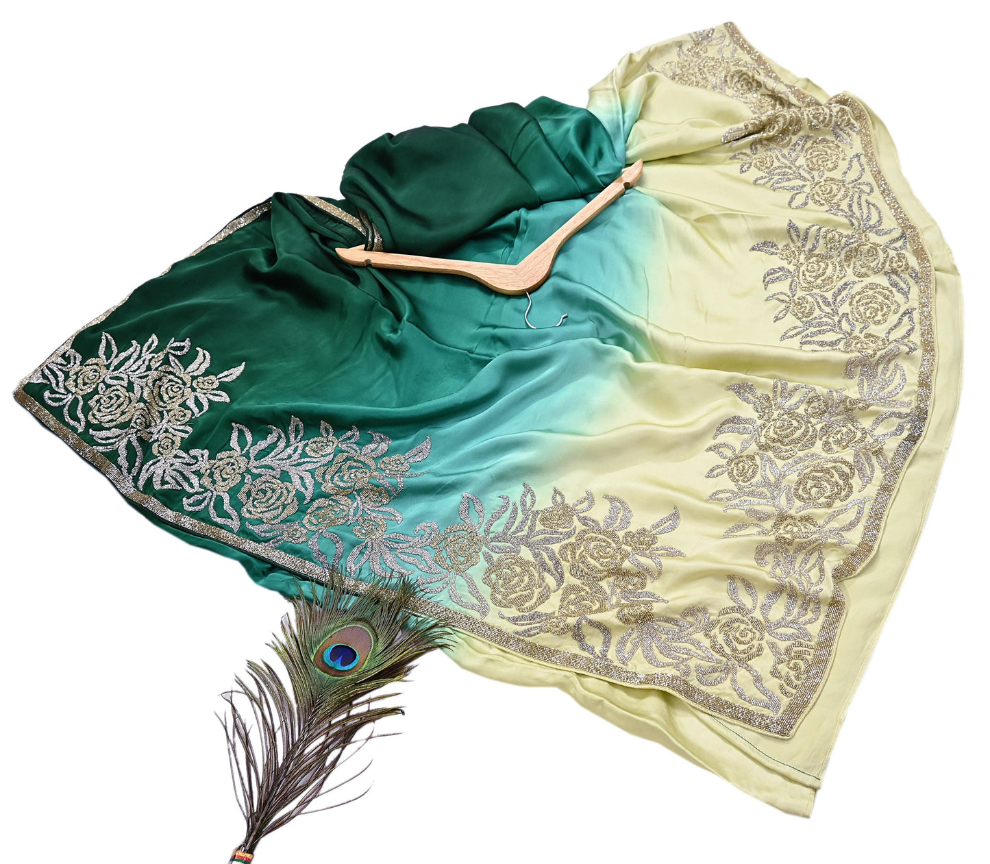 Rare Vintage Yellow & Green Pure Satin Silk Saree Hand Embroidered Fabric 6 Yards Sari Bollywood Party Wear Ethnic Designer Saree