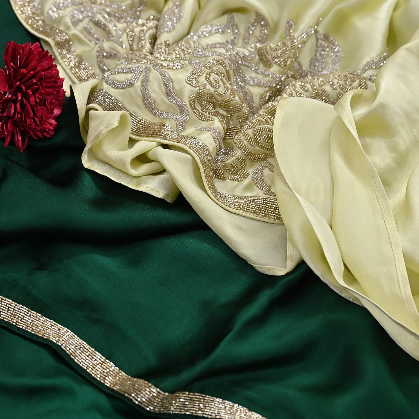 Rare Vintage Yellow & Green Pure Satin Silk Saree Hand Embroidered Fabric 6 Yards Sari Bollywood Party Wear Ethnic Designer Saree