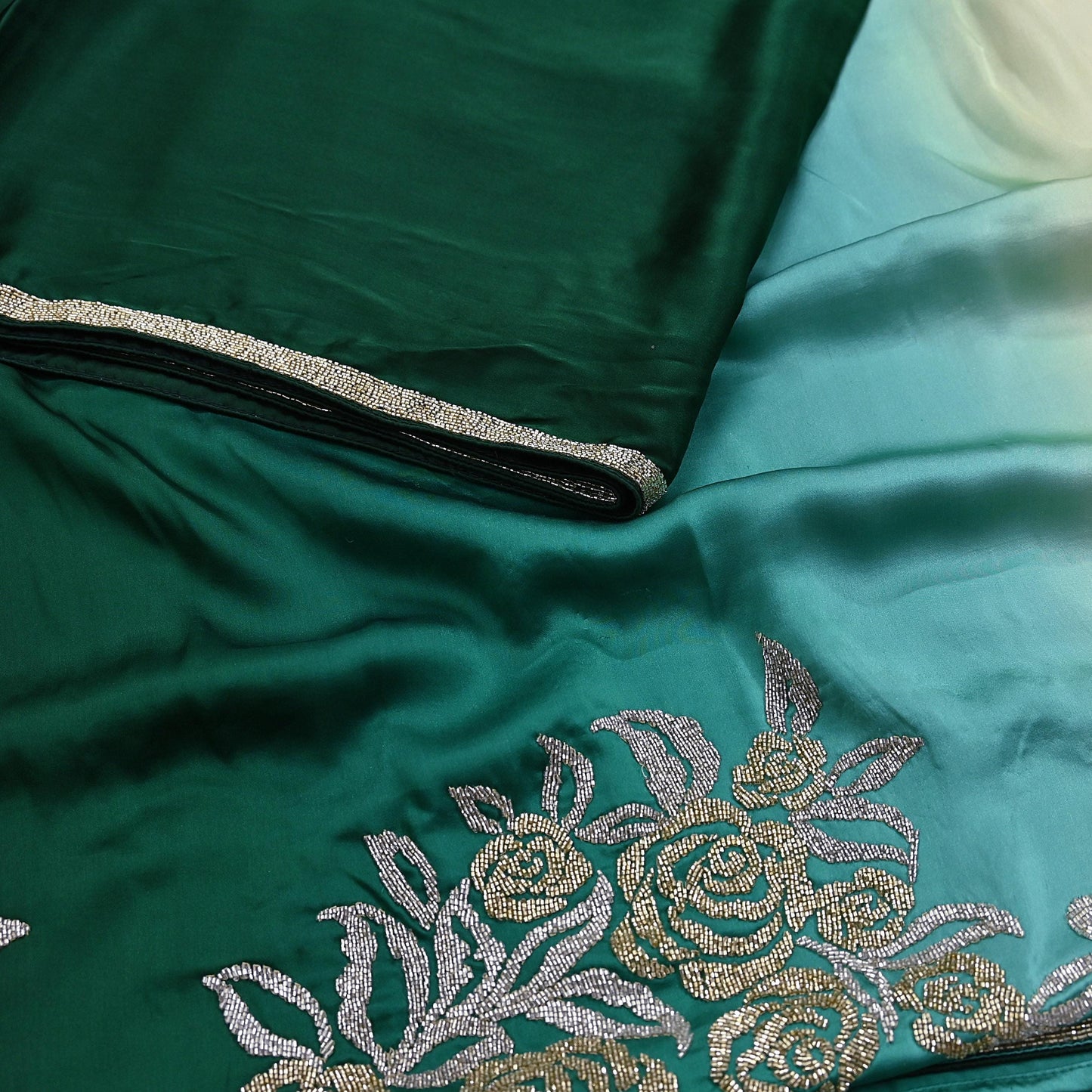 Rare Vintage Yellow & Green Pure Satin Silk Saree Hand Embroidered Fabric 6 Yards Sari Bollywood Party Wear Ethnic Designer Saree