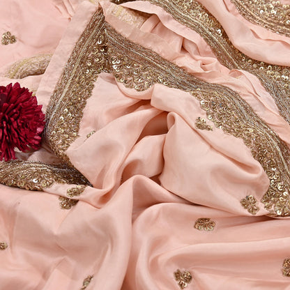 Rare Vintage Peach Pure Silk Saree Zardozi Hand Embroidered Designer Sabyasachi Sari 5.5 Yard Bollywood Party Wear