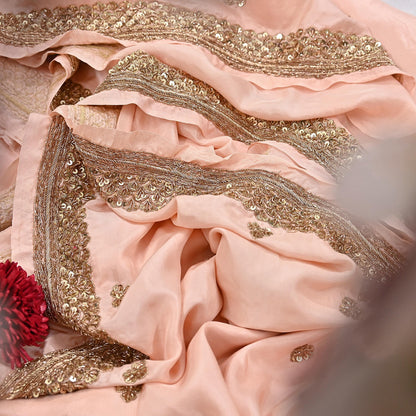 Rare Vintage Peach Pure Silk Saree Zardozi Hand Embroidered Designer Sabyasachi Sari 5.5 Yard Bollywood Party Wear