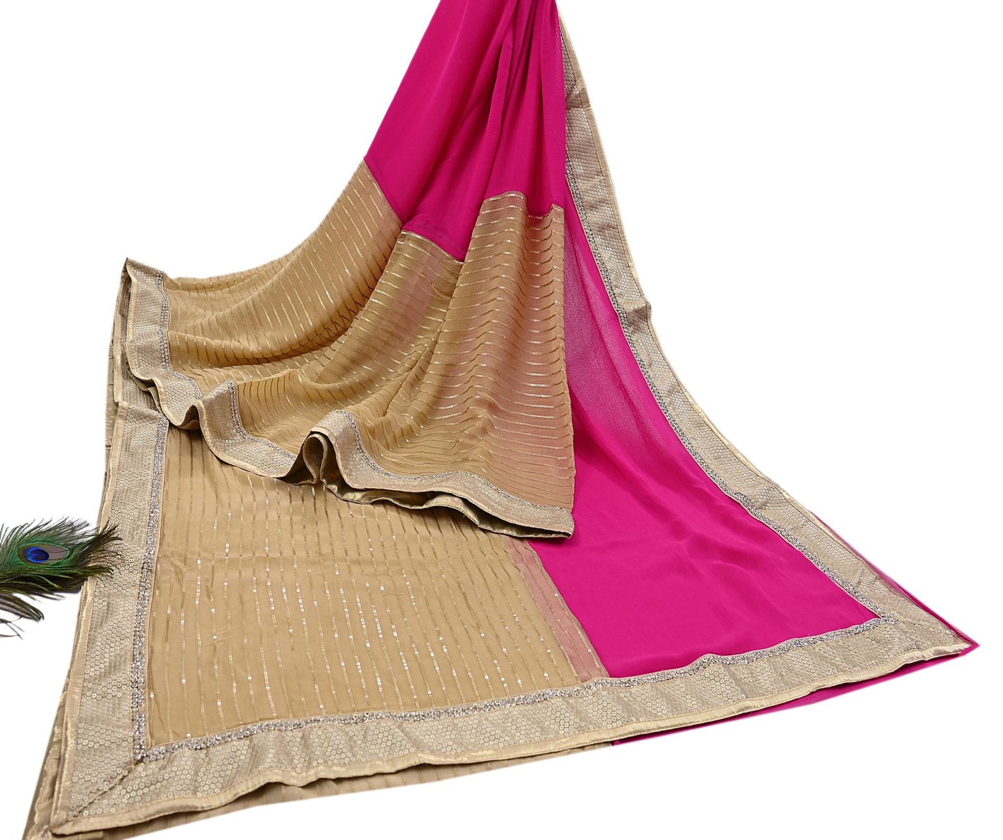 Rare Vintage Beige & Pink Blend Chiffon Saree Hand Embroidered Fabric 6 Yards Sari Bollywood Party Wear Ethnic Designer Saree