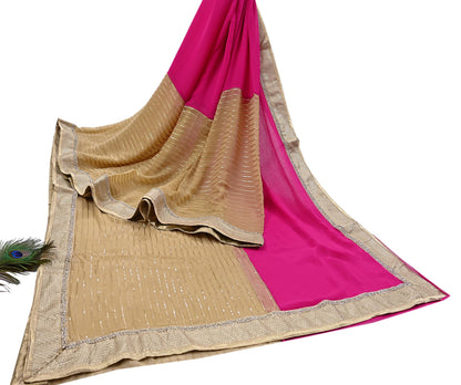 Rare Vintage Beige & Pink Blend Chiffon Saree Hand Embroidered Fabric 6 Yards Sari Bollywood Party Wear Ethnic Designer Saree