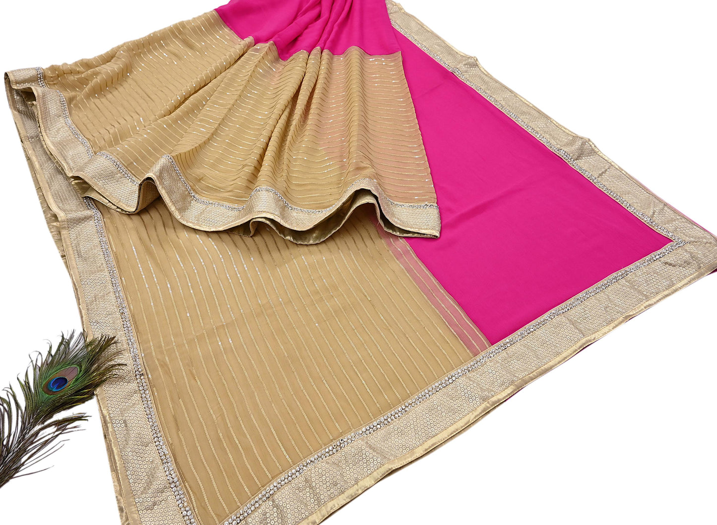 Rare Vintage Beige & Pink Blend Chiffon Saree Hand Embroidered Fabric 6 Yards Sari Bollywood Party Wear Ethnic Designer Saree