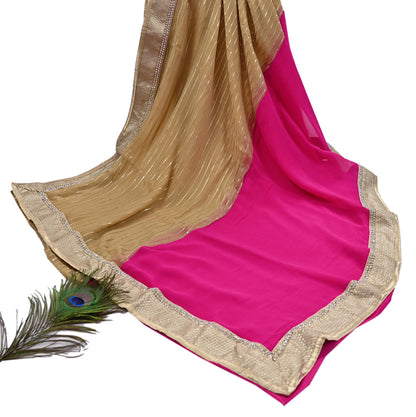 Rare Vintage Beige & Pink Blend Chiffon Saree Hand Embroidered Fabric 6 Yards Sari Bollywood Party Wear Ethnic Designer Saree