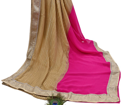 Rare Vintage Beige & Pink Blend Chiffon Saree Hand Embroidered Fabric 6 Yards Sari Bollywood Party Wear Ethnic Designer Saree