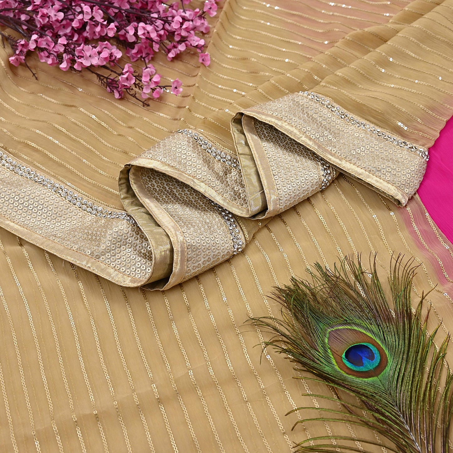 Rare Vintage Beige & Pink Blend Chiffon Saree Hand Embroidered Fabric 6 Yards Sari Bollywood Party Wear Ethnic Designer Saree