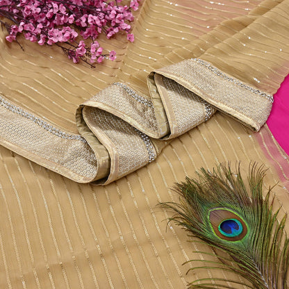 Rare Vintage Beige & Pink Blend Chiffon Saree Hand Embroidered Fabric 6 Yards Sari Bollywood Party Wear Ethnic Designer Saree