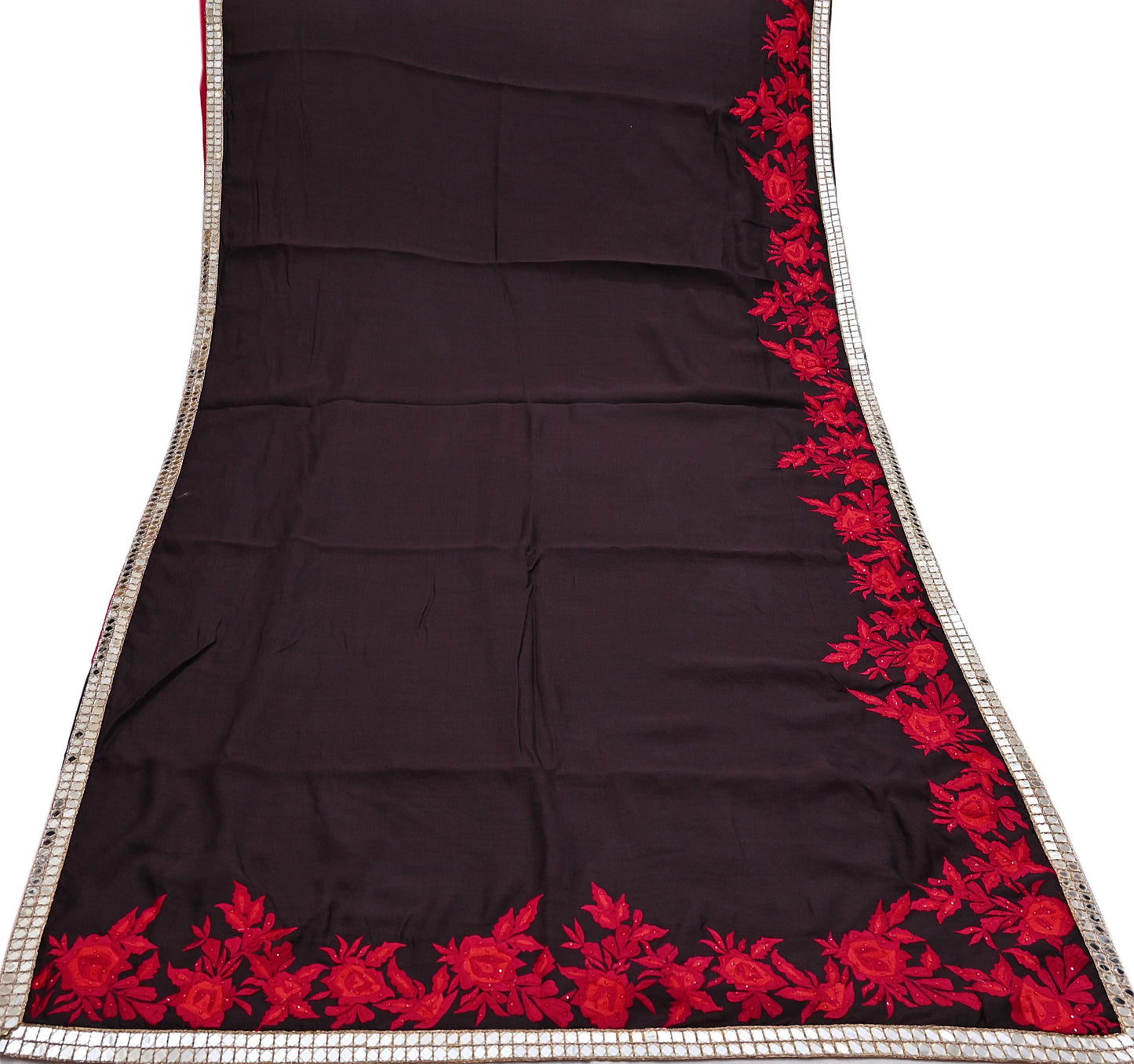 Indian Rare Vintage Zardozi Sarees Brown Pure Silk Hand Embroidered Sari Fabric 5.5 Yards Sewing Ethnic Mirror