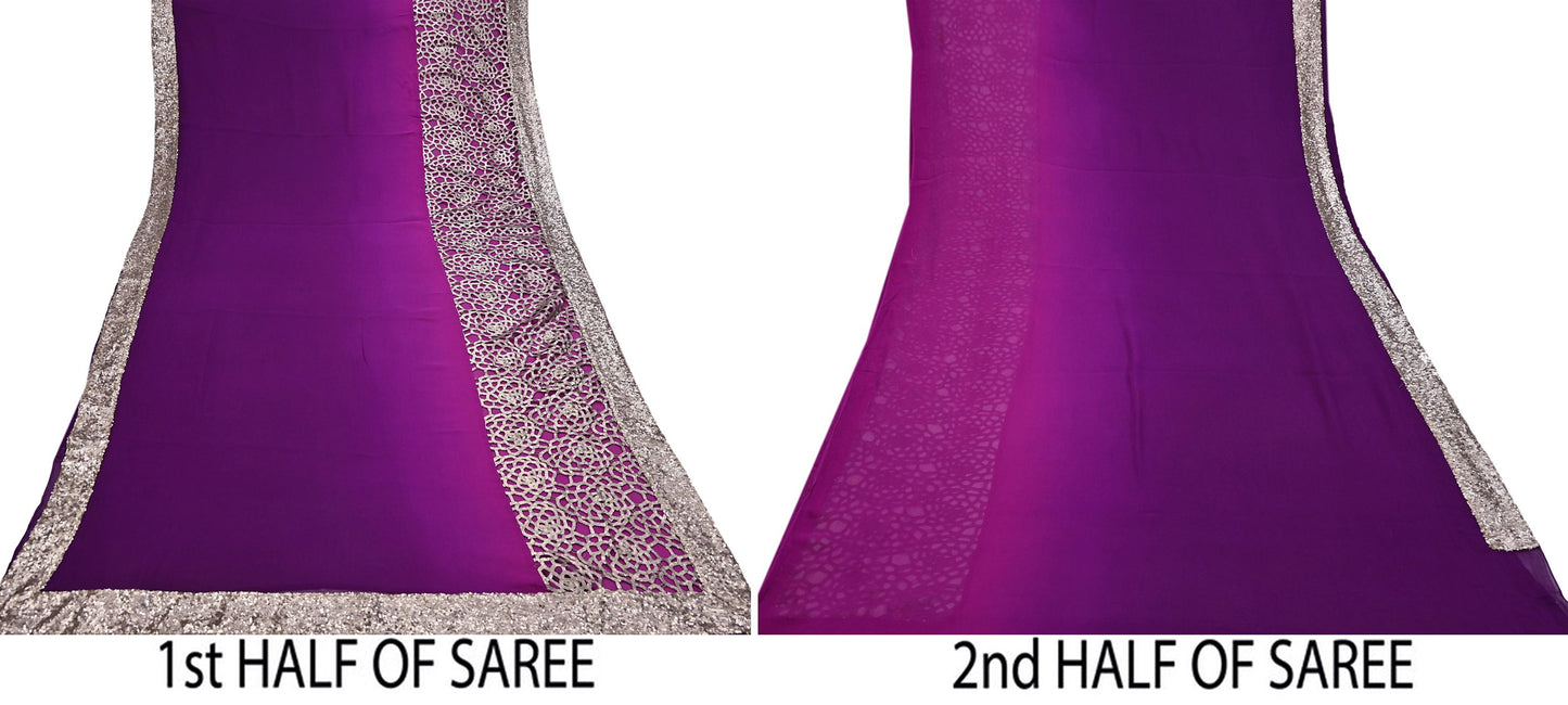 Rare Vintage Purple Pure Chiffon Silk Saree Hand Embroidered Designer Sabyasachi Sari 5.5 Yard Bollywood Party Wear saree with Blouse Fabric