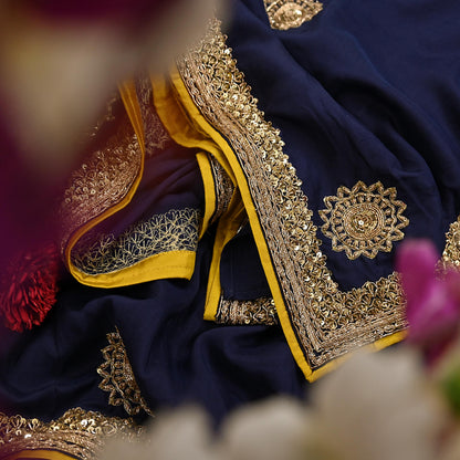 Rare Vintage Deep Blue Pure Silk Saree Zardozi Hand Embroidered Designer Sabyasachi Sari 5.5 Yard Bollywood Party Wear