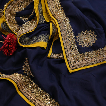 Rare Vintage Deep Blue Pure Silk Saree Zardozi Hand Embroidered Designer Sabyasachi Sari 5.5 Yard Bollywood Party Wear