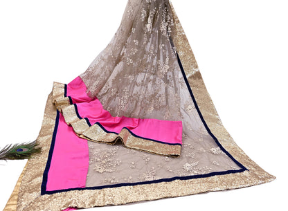 Rare Vintage Brown & Pink Net Saree Hand Embroidered Designer Sabyasachi Sari 5.5 Yard Bollywood Party Wear