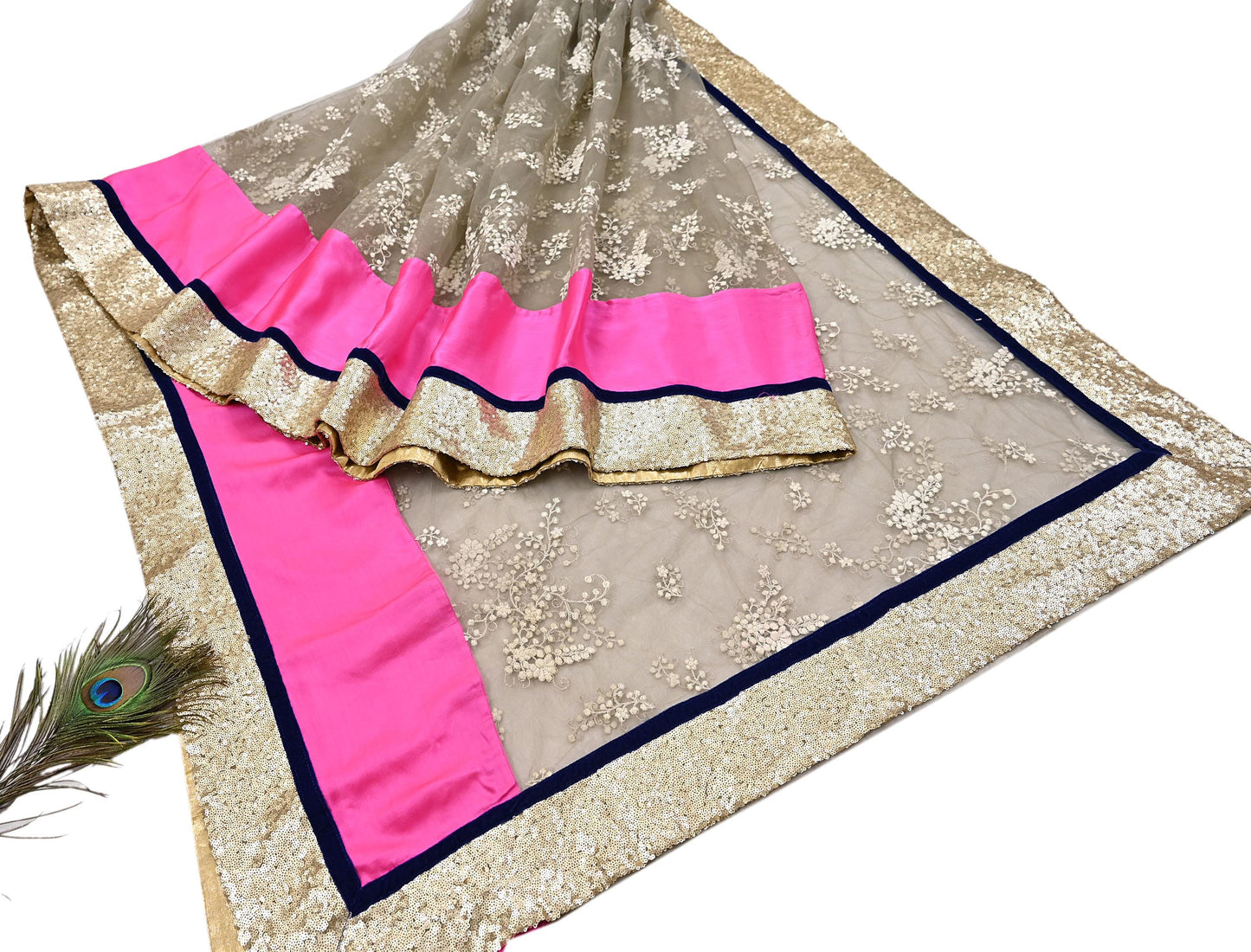 Rare Vintage Brown & Pink Net Saree Hand Embroidered Designer Sabyasachi Sari 5.5 Yard Bollywood Party Wear
