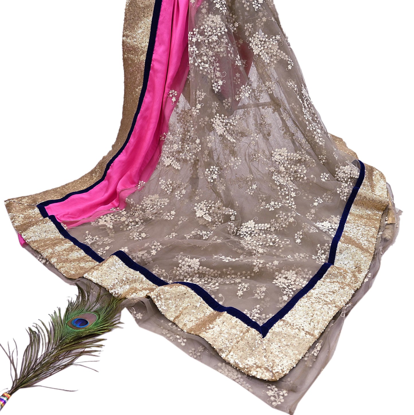 Rare Vintage Brown & Pink Net Saree Hand Embroidered Designer Sabyasachi Sari 5.5 Yard Bollywood Party Wear