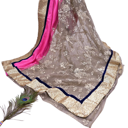 Rare Vintage Brown & Pink Net Saree Hand Embroidered Designer Sabyasachi Sari 5.5 Yard Bollywood Party Wear