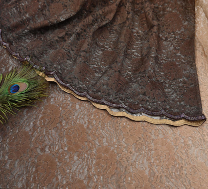 Vintage Brown & Beige Net Saree Heavy Hand Embroidery 5.5 Yards Soft Mesh Fabric Ideal for Crafting Wedding Wear Bollywood sarees