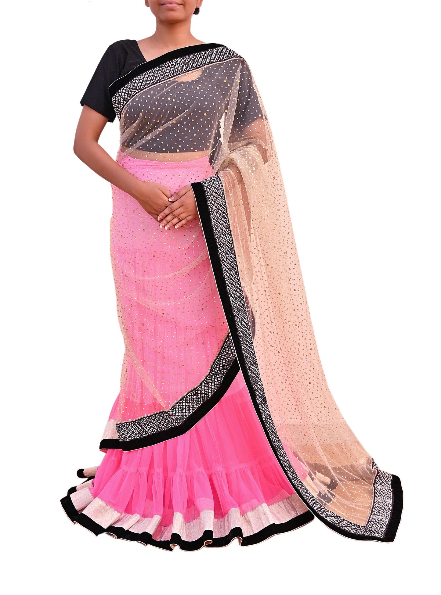 Vintage Pink Net Lehenga Saree Heavy Hand Embroidery 6 Yards Soft Mesh Fabric Ideal for Crafting Wedding Wear Bollywood sarees