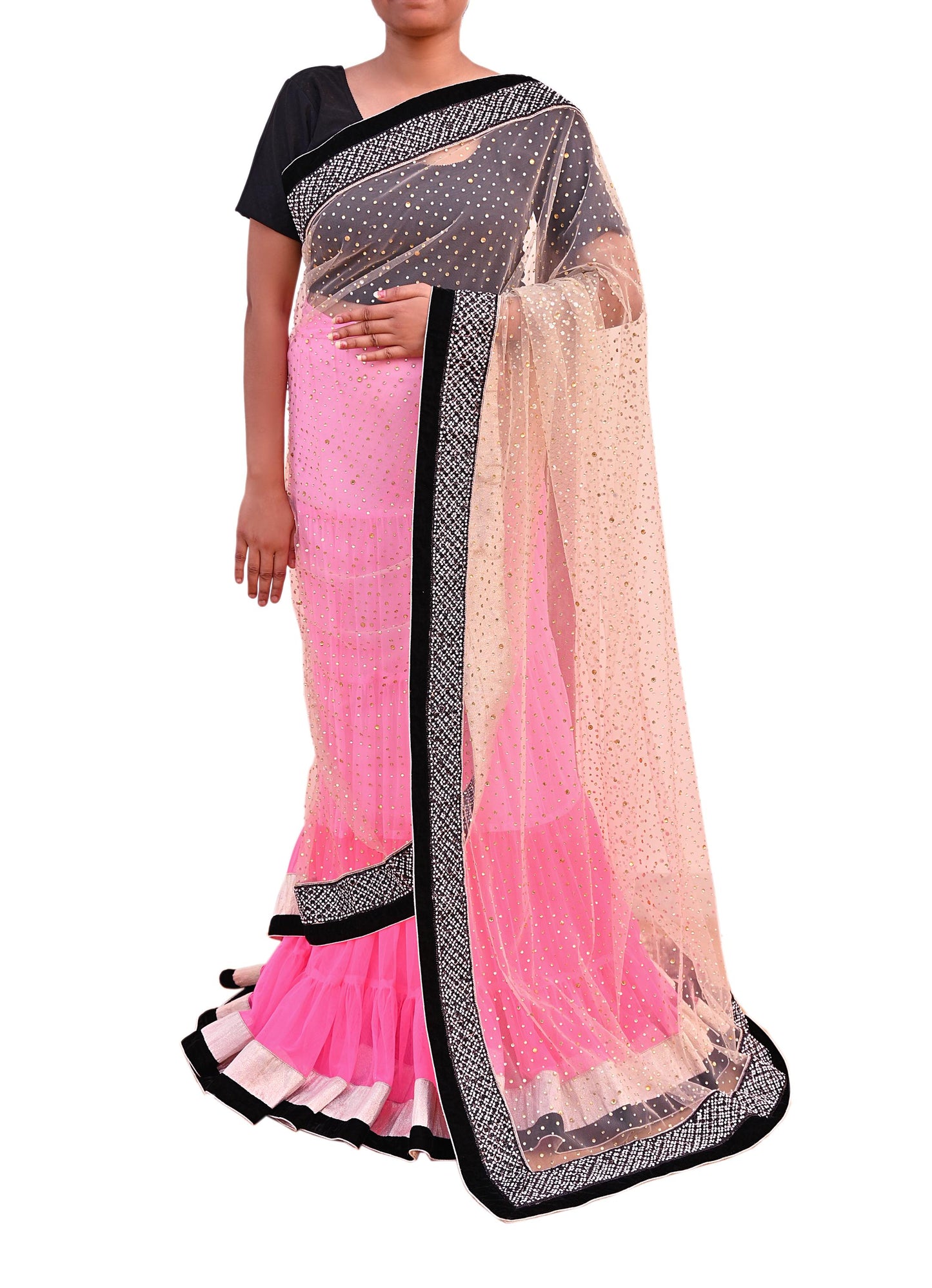Vintage Pink Net Lehenga Saree Heavy Hand Embroidery 6 Yards Soft Mesh Fabric Ideal for Crafting Wedding Wear Bollywood sarees