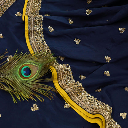 Rare Vintage Deep Blue Pure Silk Saree Zardozi Hand Embroidered Designer Sabyasachi Sari 5.5 Yard Bollywood Party Wear